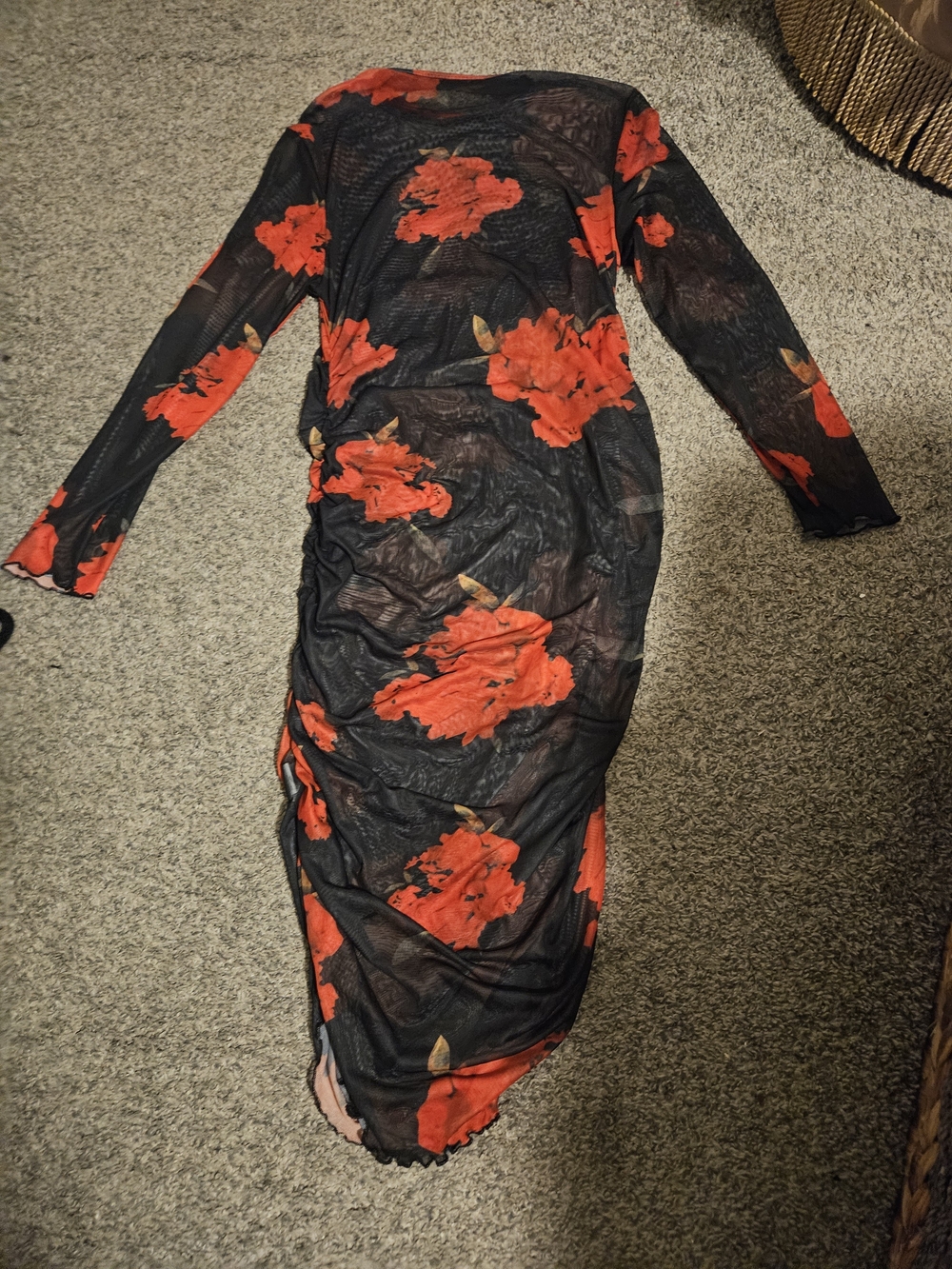 SHEIN Black Mesh Midi Dress with Red Floral Print